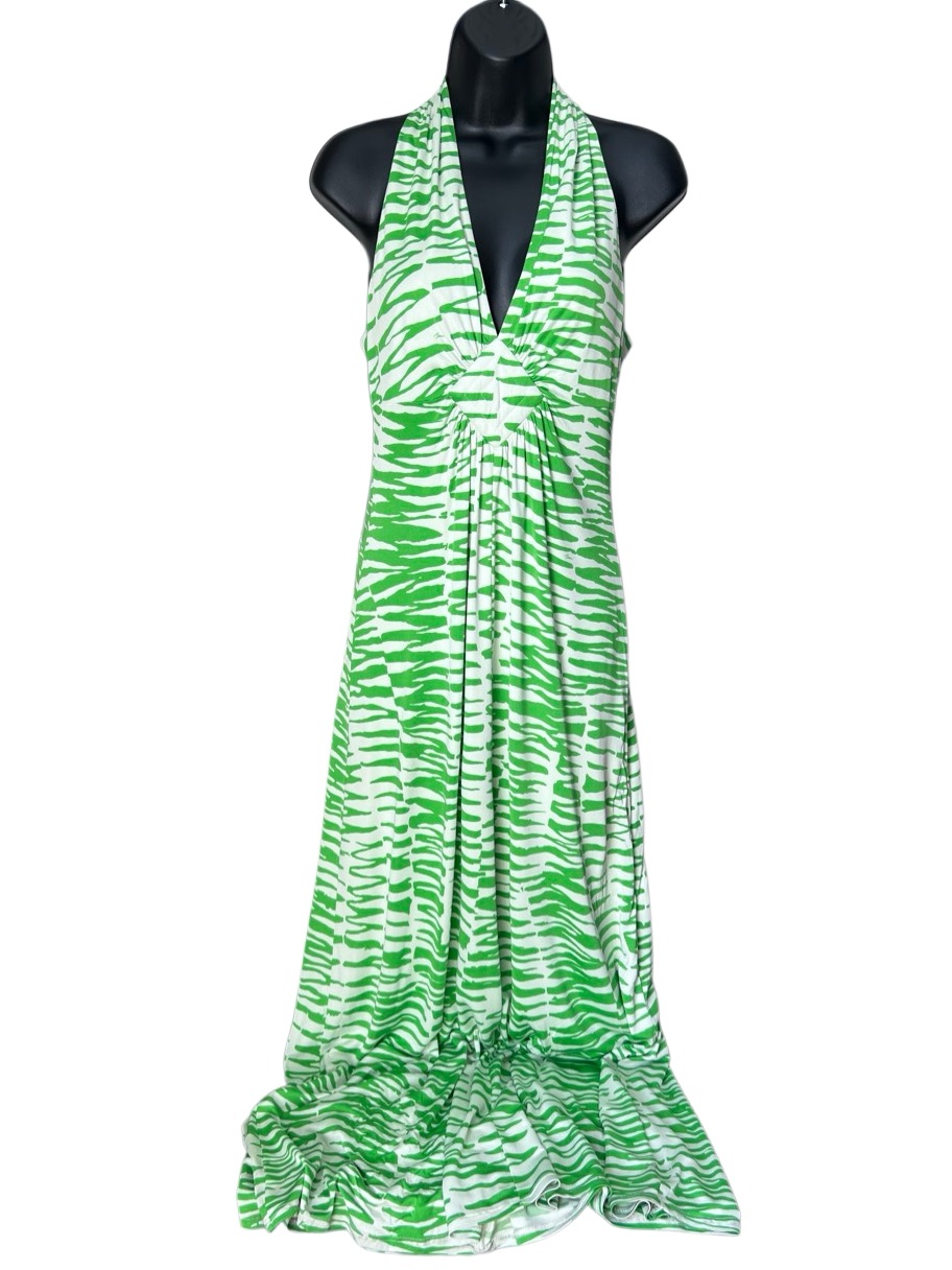 Trina Turk Neon Green And White Zebra-Printed Halter Neck Maxi Dress Size 4